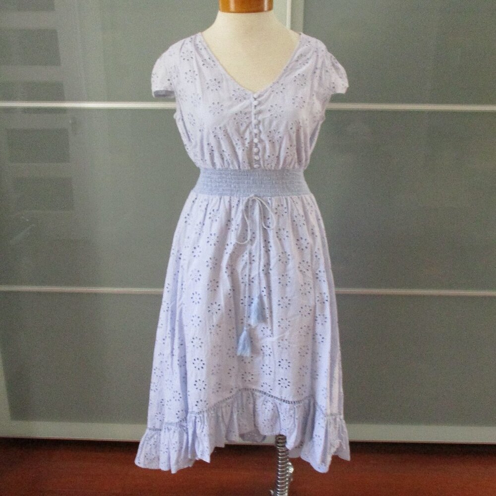 Alexia Admor Eyelet Asymmetrical Hem Cap Sleeve Smocked Waist Midi Dress